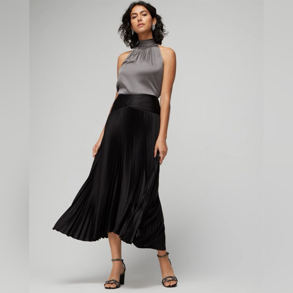 White House Black Market | Black | Satin Pleated Midi Skirt |
